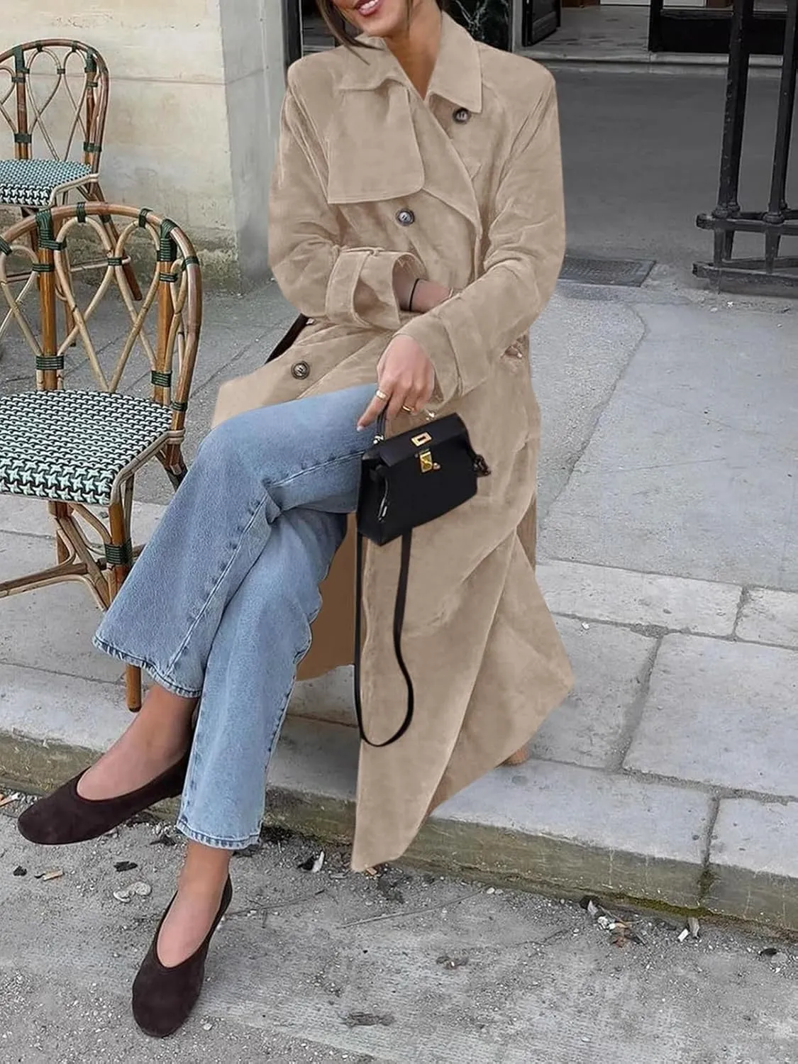 Tankaneo Womens Long Trench Coat Fall Faux Suede Jackets Double Breasted Lapel Pea Coat with Belt