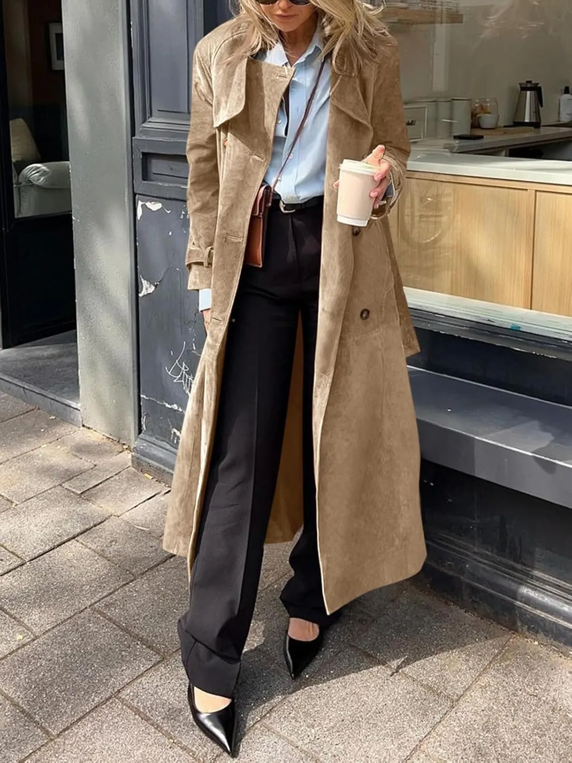 Tankaneo Womens Long Trench Coat Fall Faux Suede Jackets Double Breasted Lapel Pea Coat with Belt