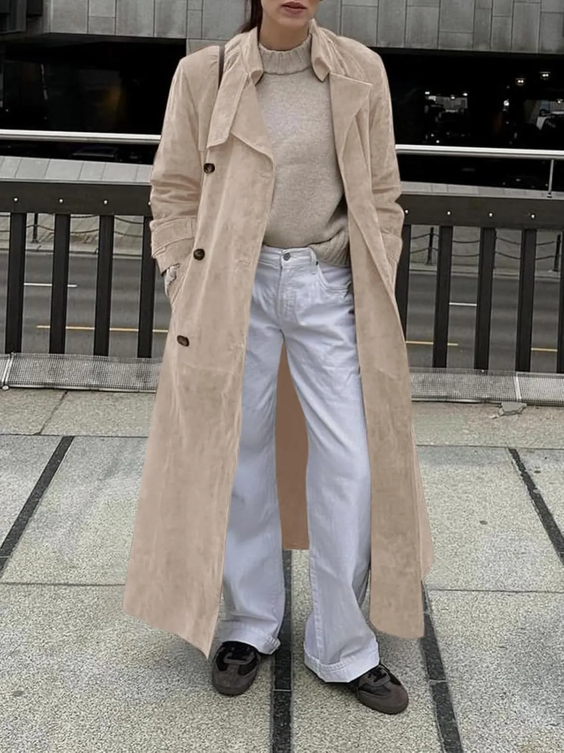 Tankaneo Womens Long Trench Coat Fall Faux Suede Jackets Double Breasted Lapel Pea Coat with Belt