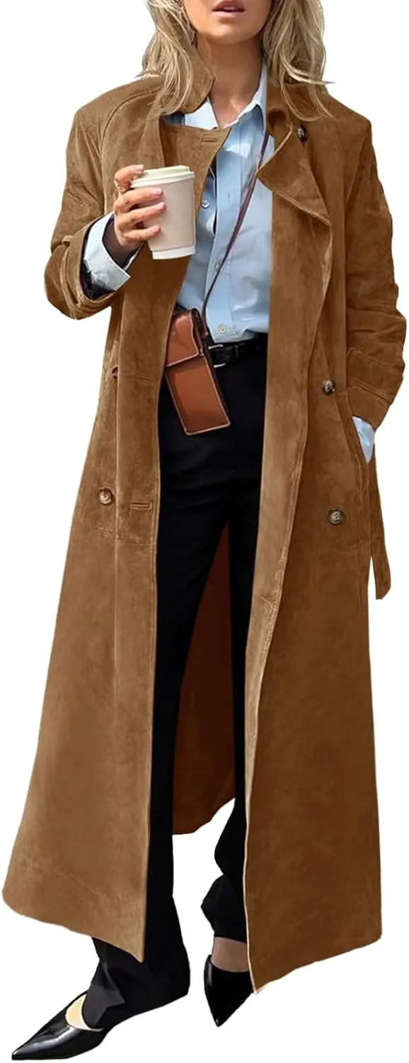 Tankaneo Womens Long Trench Coat Fall Faux Suede Jackets Double Breasted Lapel Pea Coat with Belt