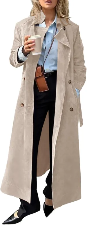 Tankaneo Womens Long Trench Coat Fall Faux Suede Jackets Double Breasted Lapel Pea Coat with Belt