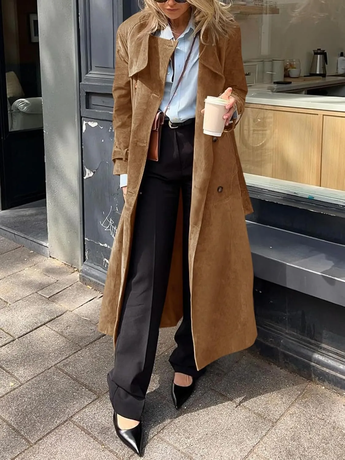 Tankaneo Womens Long Trench Coat Fall Faux Suede Jackets Double Breasted Lapel Pea Coat with Belt