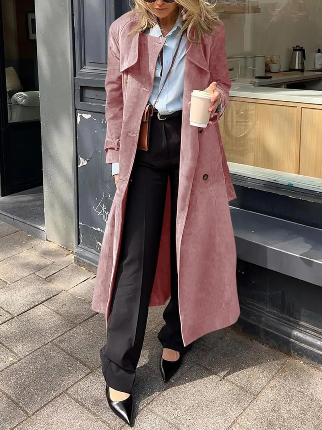 Tankaneo Womens Long Trench Coat Fall Faux Suede Jackets Double Breasted Lapel Pea Coat with Belt