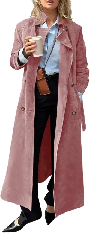 Tankaneo Womens Long Trench Coat Fall Faux Suede Jackets Double Breasted Lapel Pea Coat with Belt