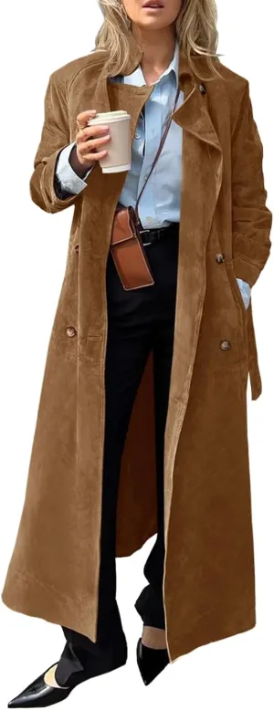 Tankaneo Womens Long Trench Coat Fall Faux Suede Jackets Double Breasted Lapel Pea Coat with Belt