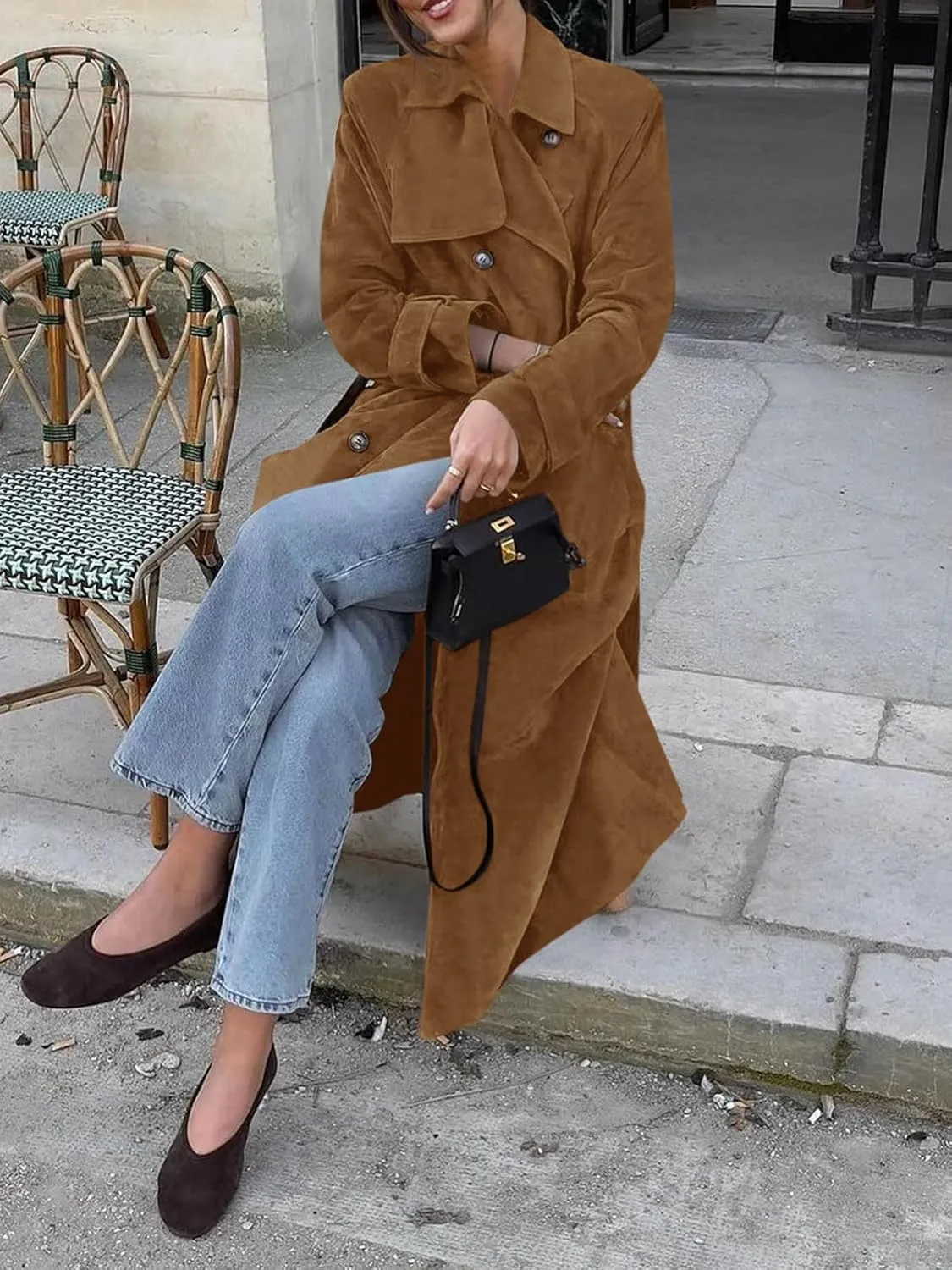 Tankaneo Womens Long Trench Coat Fall Faux Suede Jackets Double Breasted Lapel Pea Coat with Belt