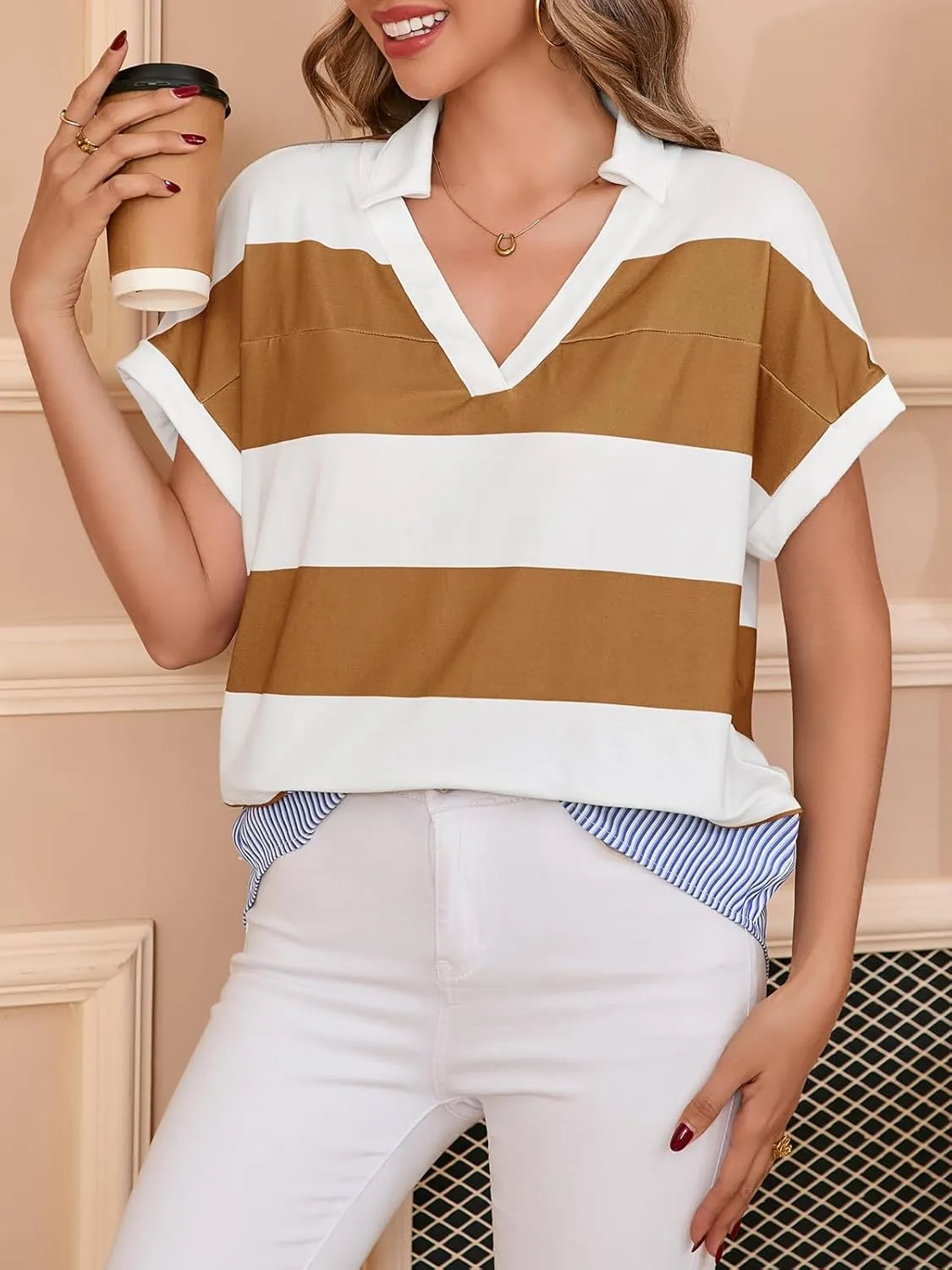 Tankaneo Womens Ruffle Sleeve Striped T Shirts Summer Crew Neck Color Block Tops Casual Loose Fit Tees