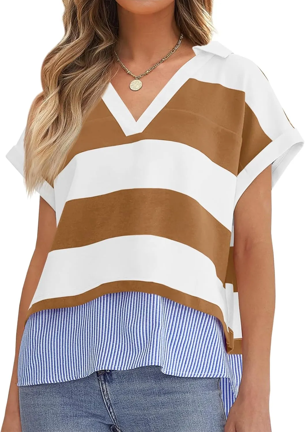 Tankaneo Womens Ruffle Sleeve Striped T Shirts Summer Crew Neck Color Block Tops Casual Loose Fit Tees