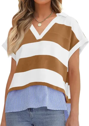 Tankaneo Womens Ruffle Sleeve Striped T Shirts Summer Crew Neck Color Block Tops Casual Loose Fit Tees