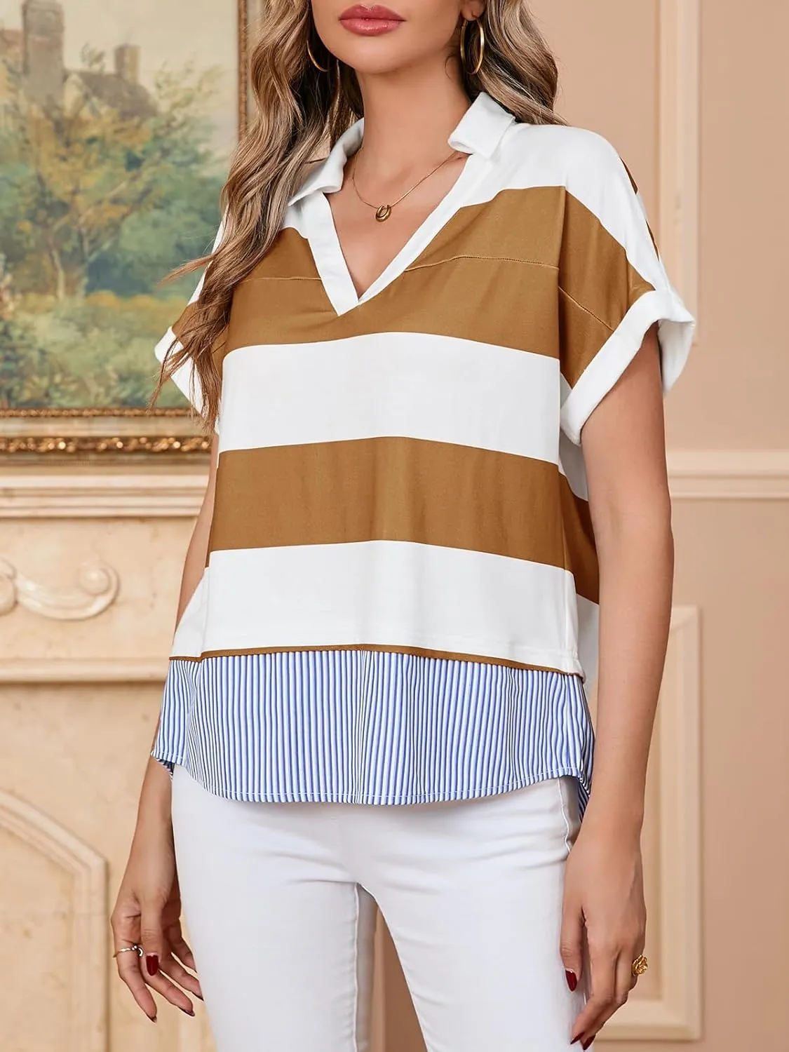 Tankaneo Womens Ruffle Sleeve Striped T Shirts Summer Crew Neck Color Block Tops Casual Loose Fit Tees