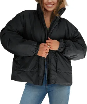 Tankaneo Womens Winter Oversized Puffer Jackets Baggy Long Sleeve Zip up Short Down Coat with Pockets