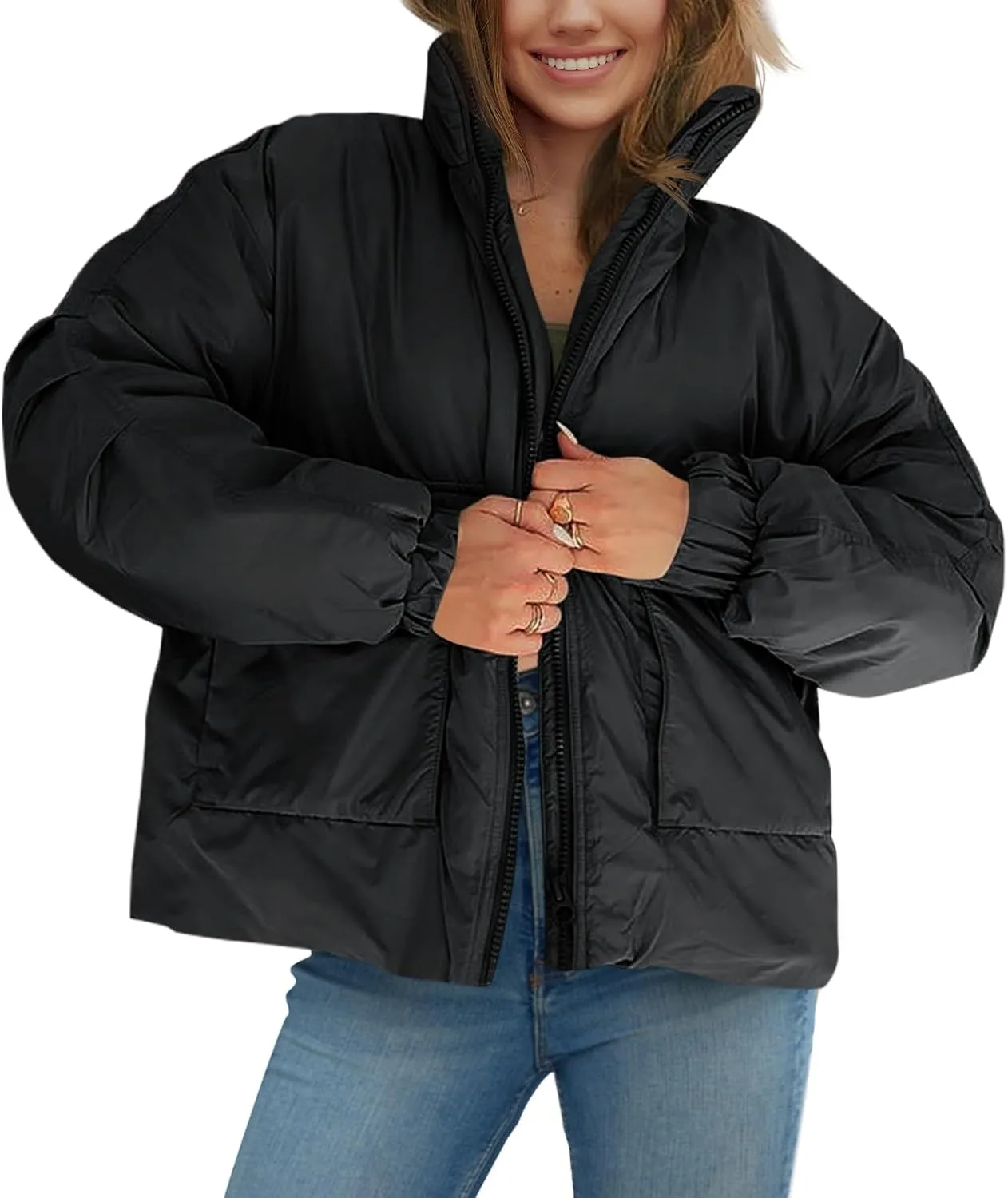 Tankaneo Womens Winter Oversized Puffer Jackets Baggy Long Sleeve Zip up Short Down Coat with Pockets