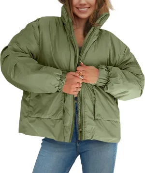 Tankaneo Womens Winter Oversized Puffer Jackets Baggy Long Sleeve Zip up Short Down Coat with Pockets