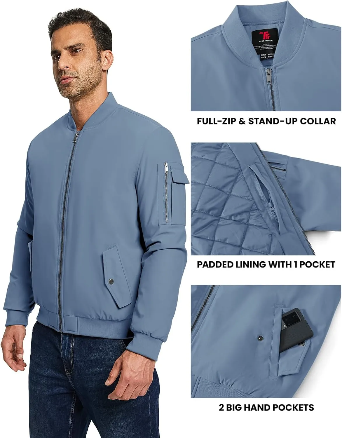 TBMPOY Men's Bomber Jacket Lightweight Winter Windbreaker Zip Up Padded Softshell Windproof Water-Resistant Casual Fall Coat