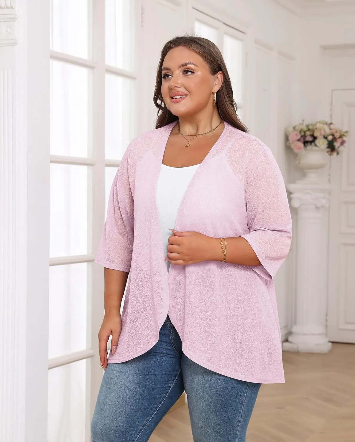 TIANZHU Women's Summer Plus Size Cardigan 3/4 Sleeve Blazer Knit Lightweight Cover Up XL-4XL