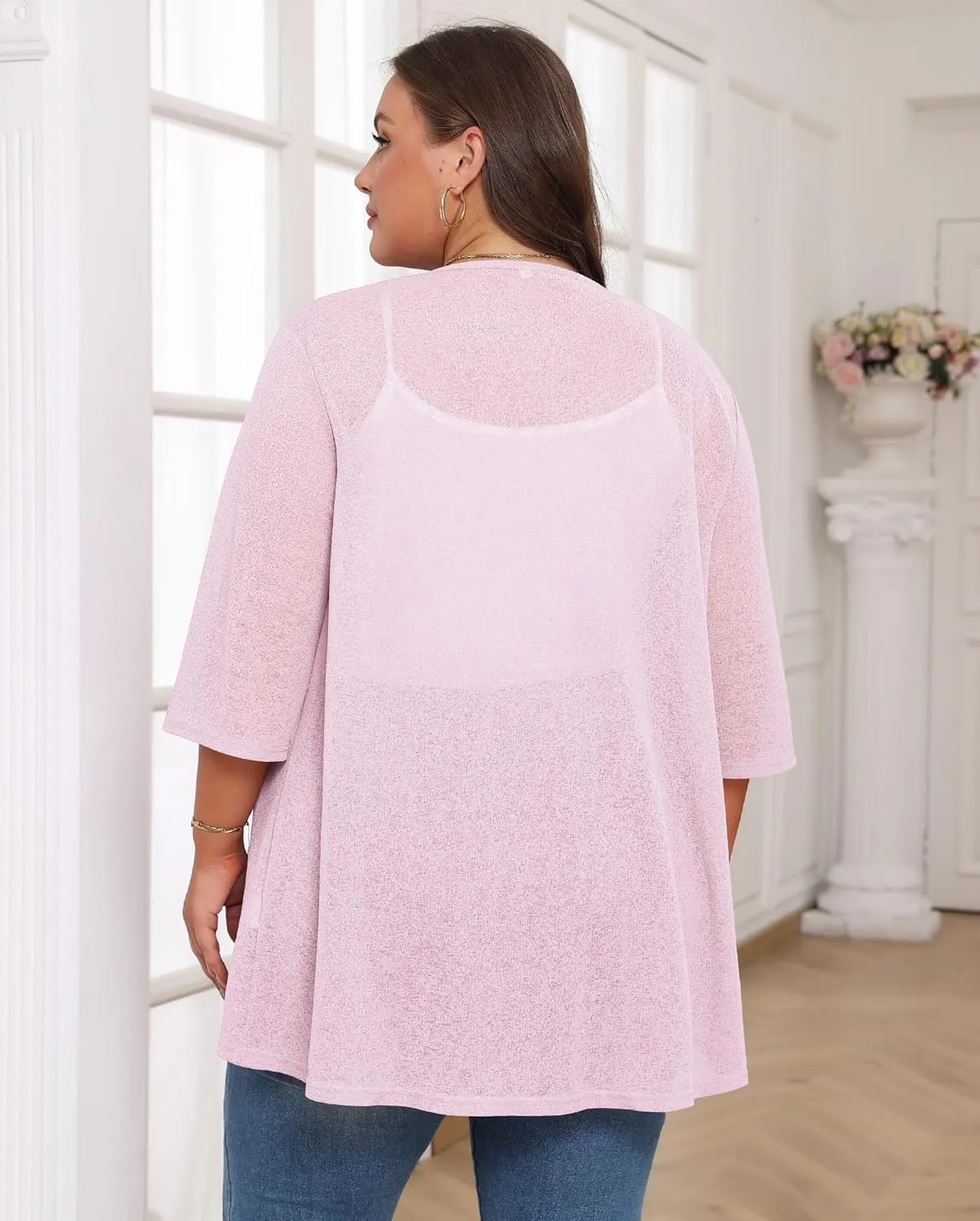 TIANZHU Women's Summer Plus Size Cardigan 3/4 Sleeve Blazer Knit Lightweight Cover Up XL-4XL