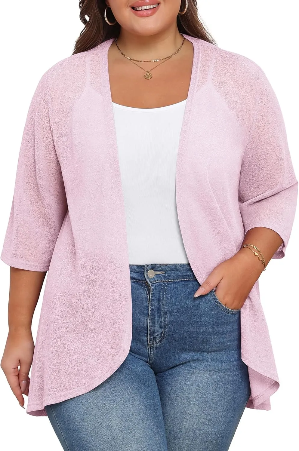TIANZHU Women's Summer Plus Size Cardigan 3/4 Sleeve Blazer Knit Lightweight Cover Up XL-4XL