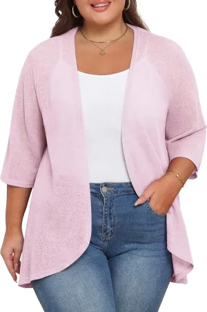 TIANZHU Women's Summer Plus Size Cardigan 3/4 Sleeve Blazer Knit Lightweight Cover Up XL-4XL