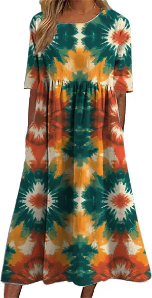 Tie Dye Summer Midi Dresses for Women Short Sleeve Boho Floral Dress Loose Beach Vacation Sundresses with Pockets