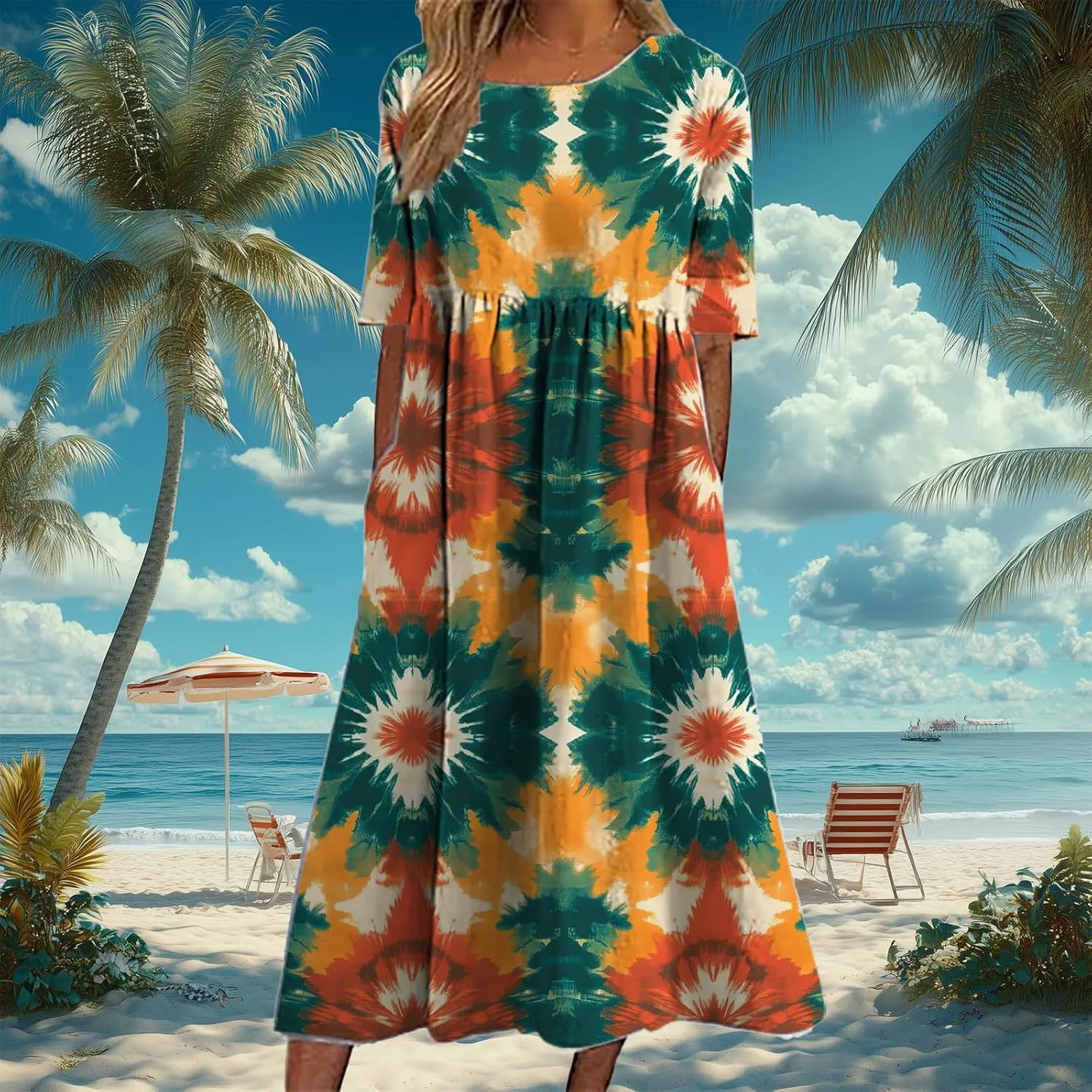 Tie Dye Summer Midi Dresses for Women Short Sleeve Boho Floral Dress Loose Beach Vacation Sundresses with Pockets