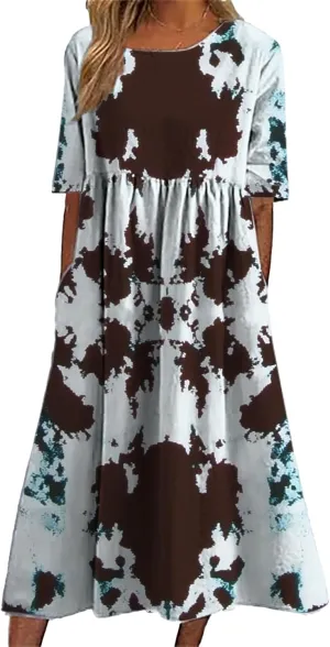 Tie Dye Summer Midi Dresses for Women Short Sleeve Boho Floral Dress Loose Beach Vacation Sundresses with Pockets
