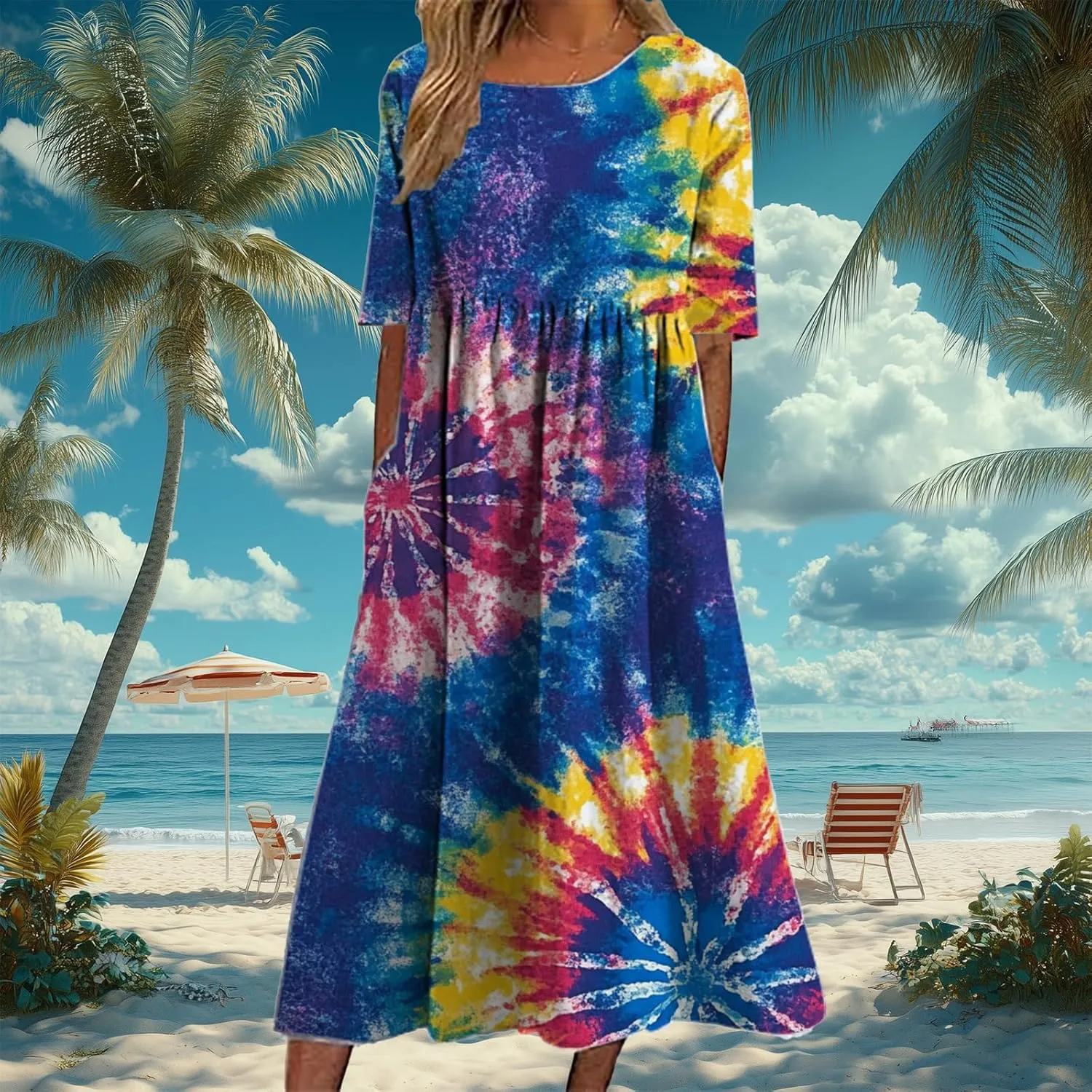 Tie Dye Summer Midi Dresses for Women Short Sleeve Boho Floral Dress Loose Beach Vacation Sundresses with Pockets