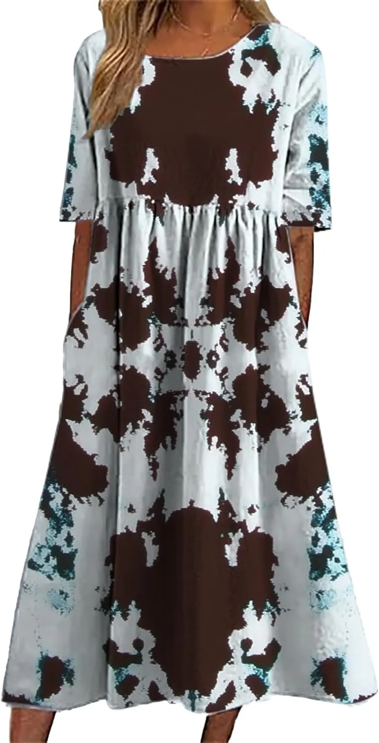 Tie Dye Summer Midi Dresses for Women Short Sleeve Boho Floral Dress Loose Beach Vacation Sundresses with Pockets