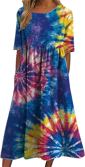 Tie Dye Summer Midi Dresses for Women Short Sleeve Boho Floral Dress Loose Beach Vacation Sundresses with Pockets