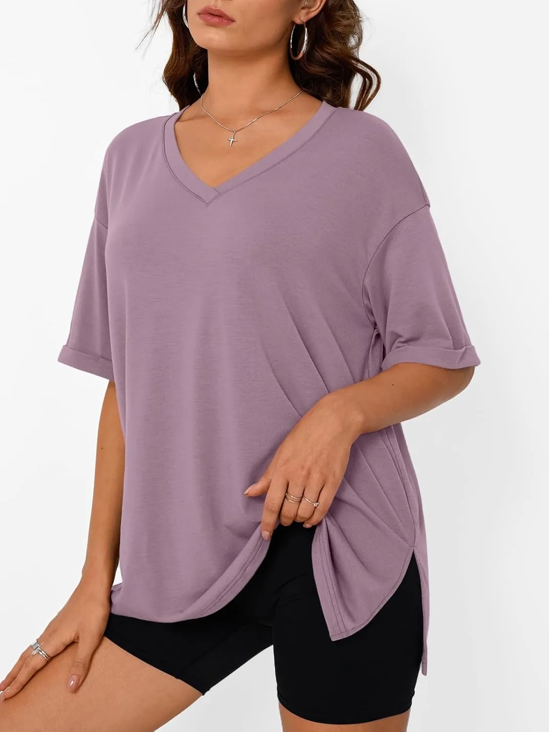 Trendy Queen Oversized Tshirts for Women Workout Plus Size Tops V Neck Short Sleeve Gym Shirts Casual Loose Fit Basic Tees