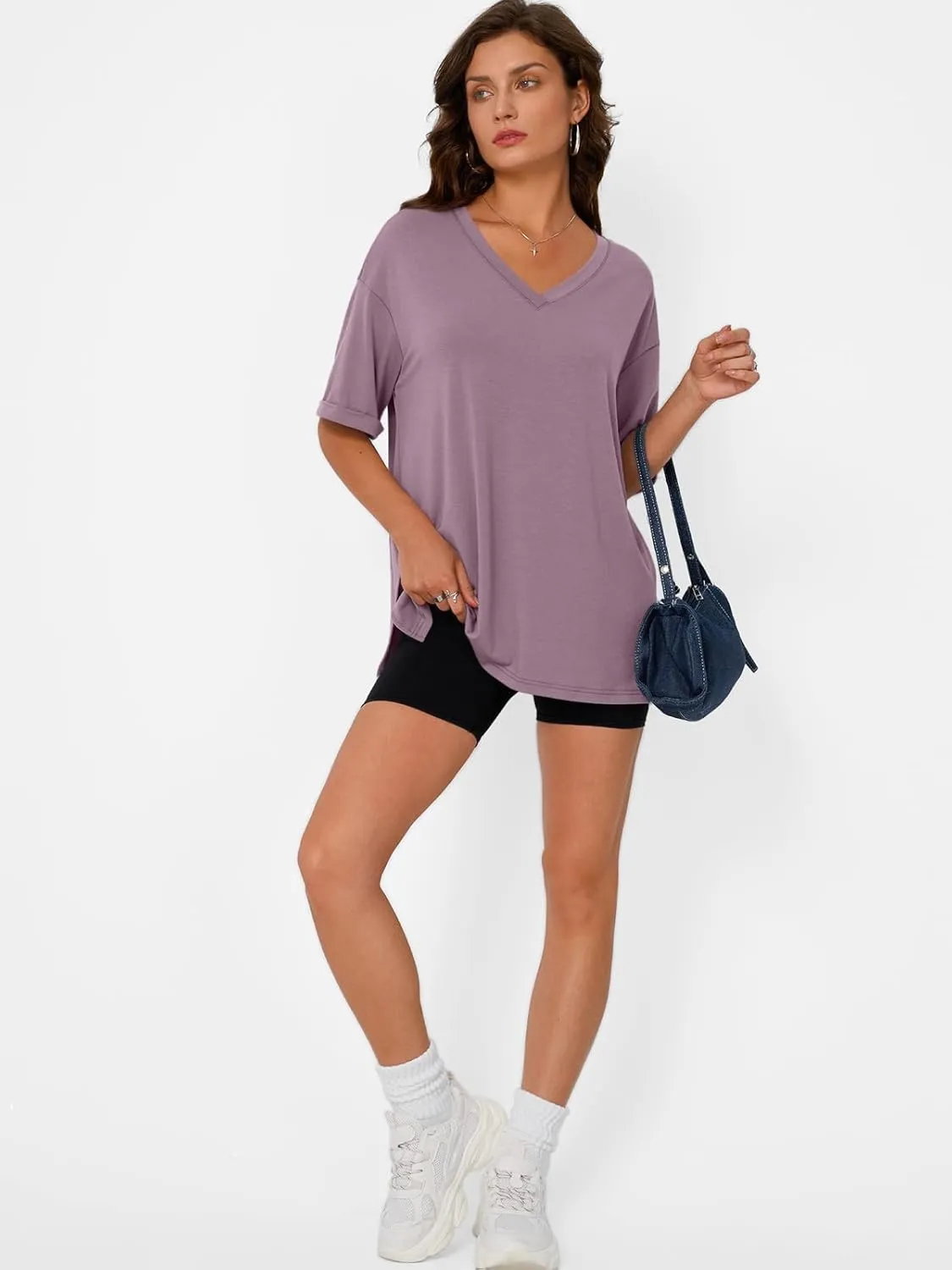 Trendy Queen Oversized Tshirts for Women Workout Plus Size Tops V Neck Short Sleeve Gym Shirts Casual Loose Fit Basic Tees
