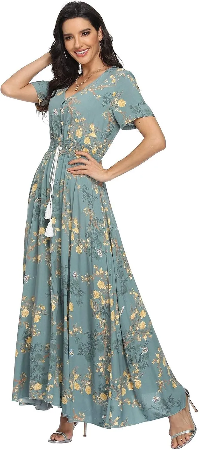 VintageClothing Women's Floral Maxi Dresses Boho Button Up Split Summer Casual Long Dress Beach Party Dress
