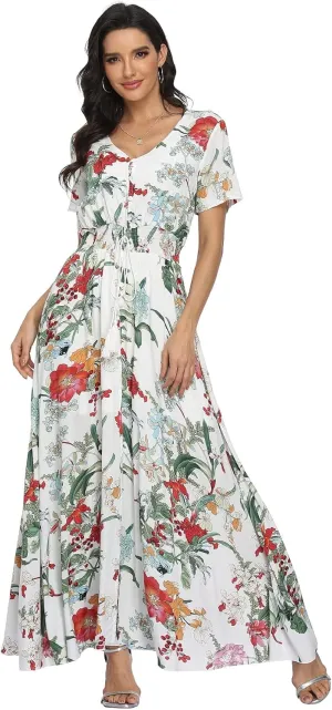 VintageClothing Women's Floral Maxi Dresses Boho Button Up Split Summer Casual Long Dress Beach Party Dress