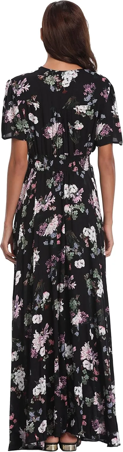 VintageClothing Women's Floral Maxi Dresses Boho Button Up Split Summer Casual Long Dress Beach Party Dress