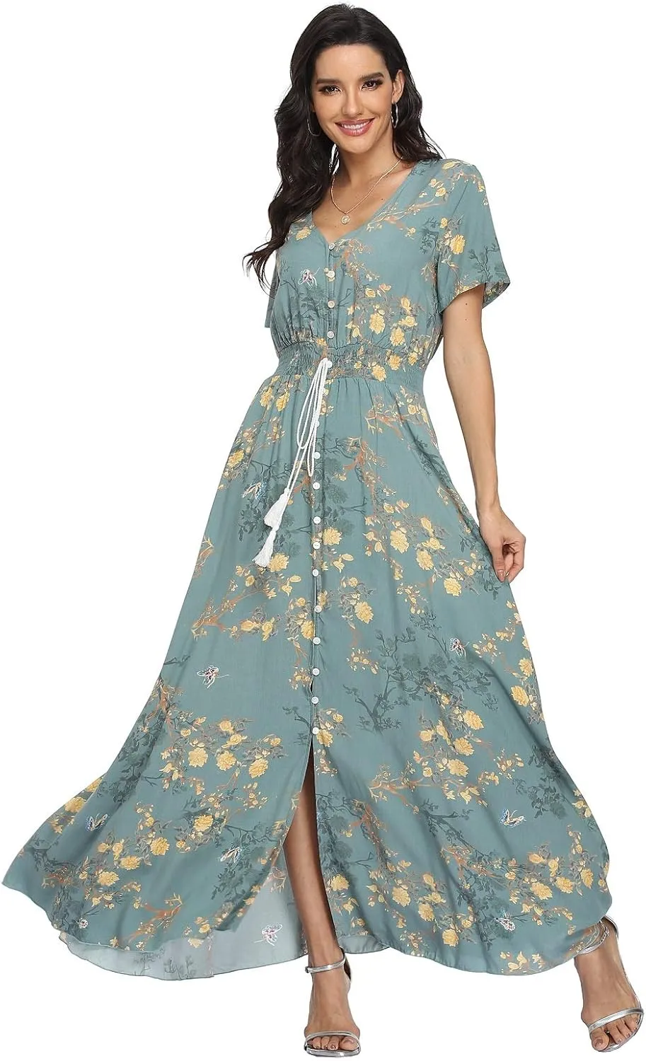 VintageClothing Women's Floral Maxi Dresses Boho Button Up Split Summer Casual Long Dress Beach Party Dress