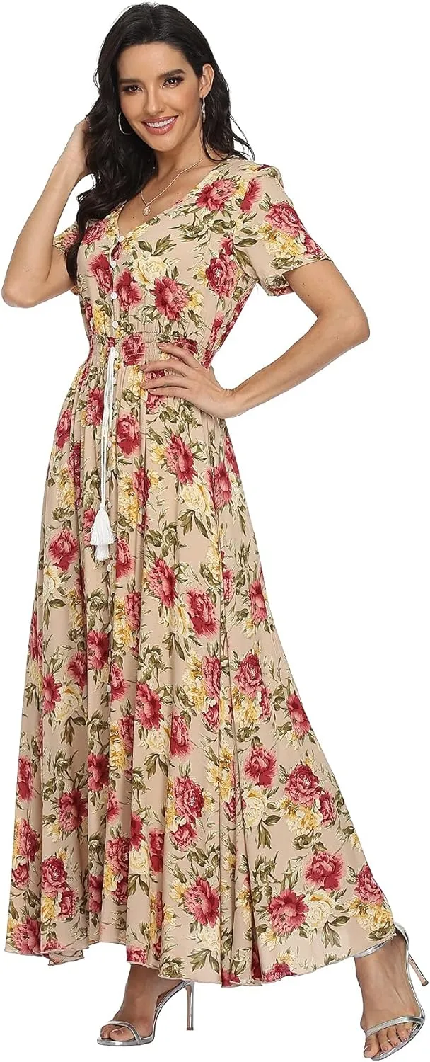 VintageClothing Women's Floral Maxi Dresses Boho Button Up Split Summer Casual Long Dress Beach Party Dress