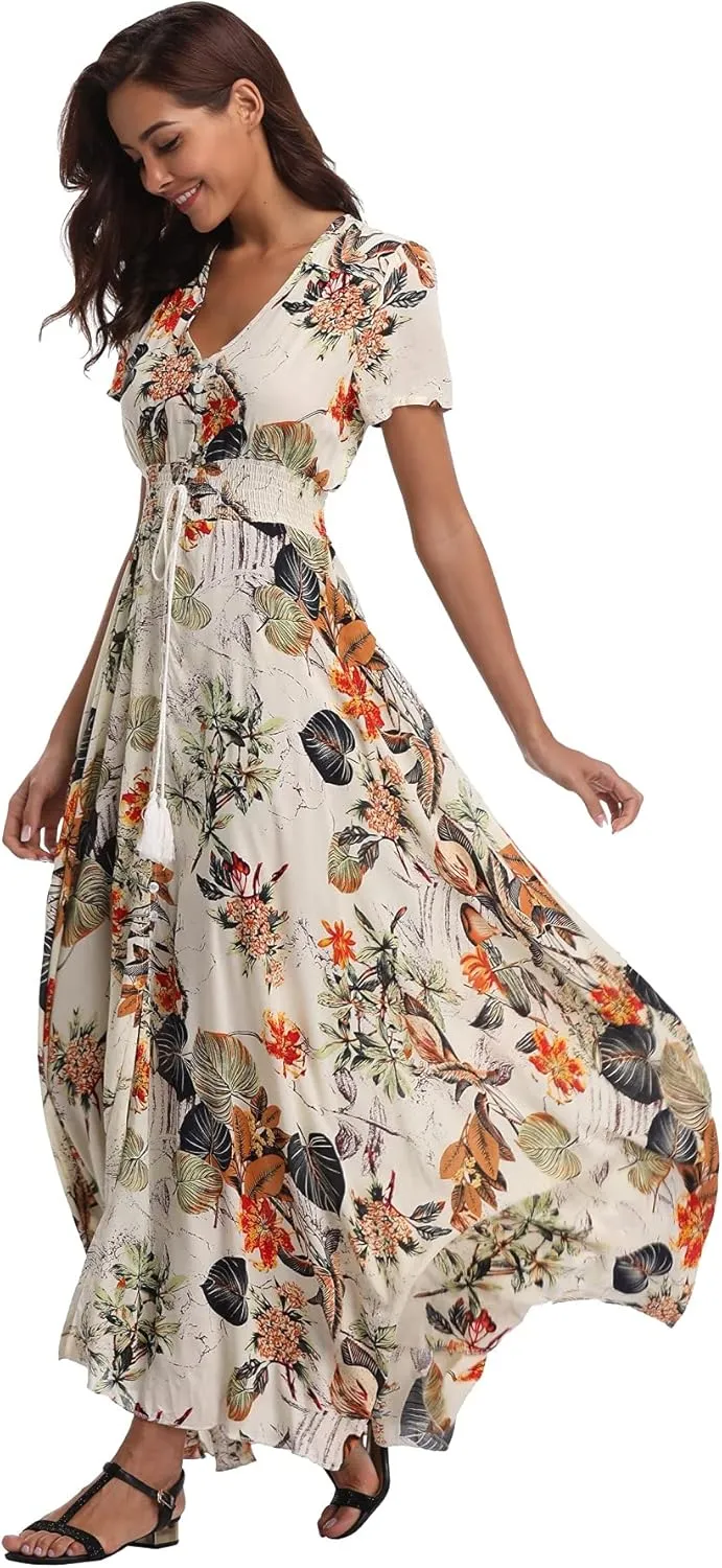 VintageClothing Women's Floral Maxi Dresses Boho Button Up Split Summer Casual Long Dress Beach Party Dress