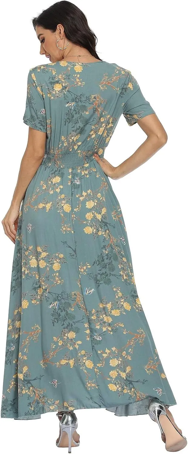 VintageClothing Women's Floral Maxi Dresses Boho Button Up Split Summer Casual Long Dress Beach Party Dress