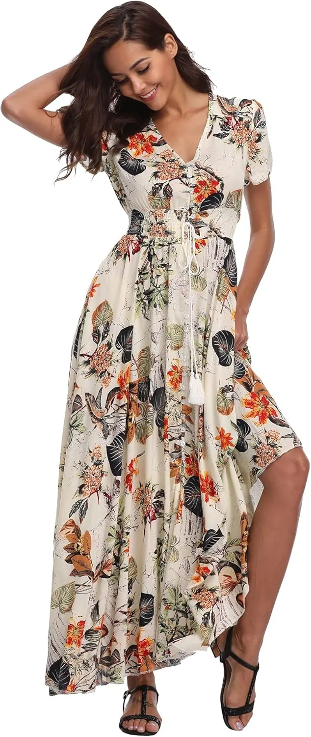 VintageClothing Women's Floral Maxi Dresses Boho Button Up Split Summer Casual Long Dress Beach Party Dress