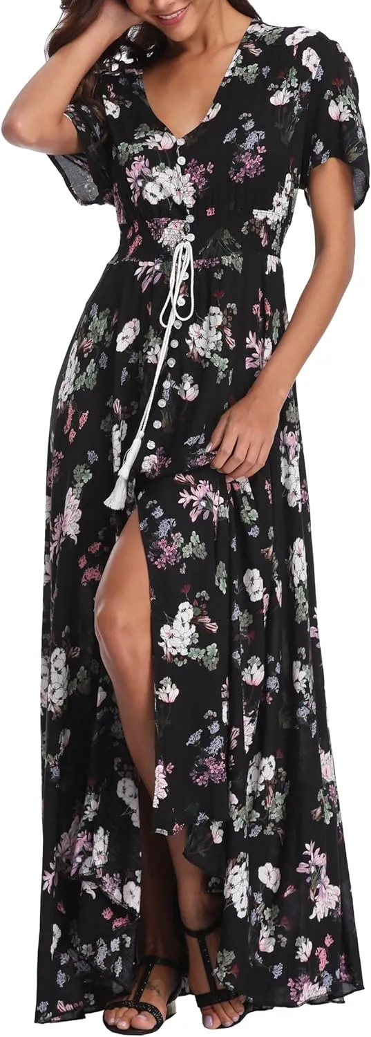 VintageClothing Women's Floral Maxi Dresses Boho Button Up Split Summer Casual Long Dress Beach Party Dress