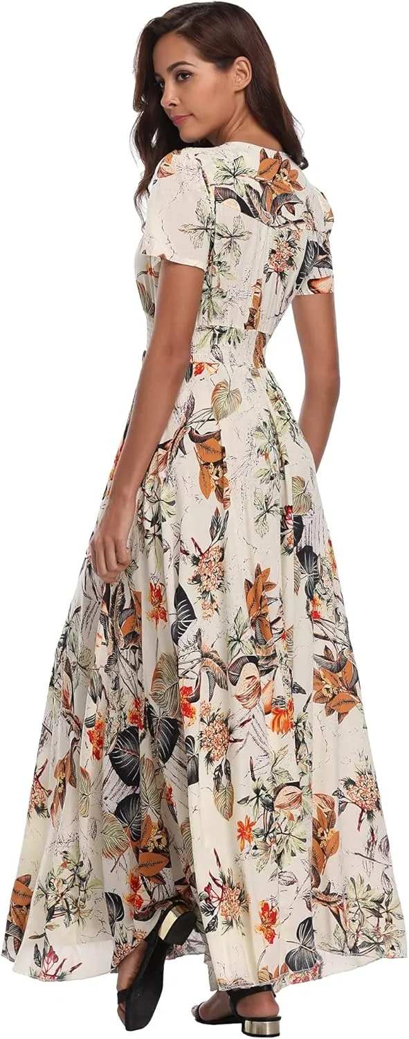 VintageClothing Women's Floral Maxi Dresses Boho Button Up Split Summer Casual Long Dress Beach Party Dress