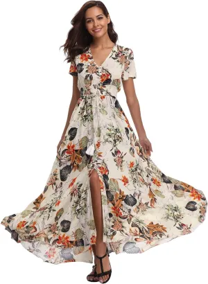 VintageClothing Women's Floral Maxi Dresses Boho Button Up Split Summer Casual Long Dress Beach Party Dress