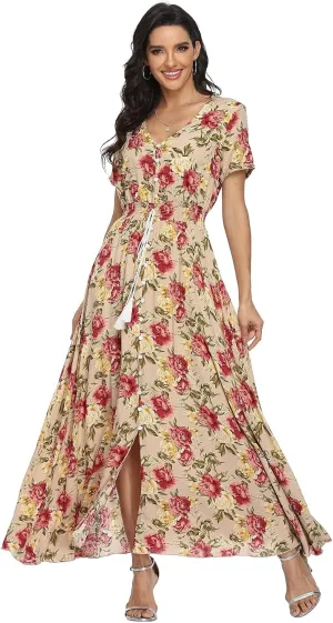 VintageClothing Women's Floral Maxi Dresses Boho Button Up Split Summer Casual Long Dress Beach Party Dress