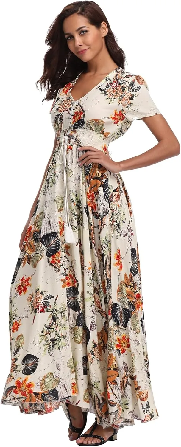 VintageClothing Women's Floral Maxi Dresses Boho Button Up Split Summer Casual Long Dress Beach Party Dress