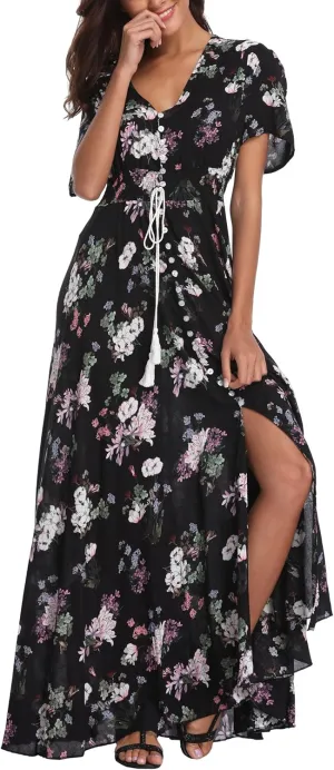 VintageClothing Women's Floral Maxi Dresses Boho Button Up Split Summer Casual Long Dress Beach Party Dress