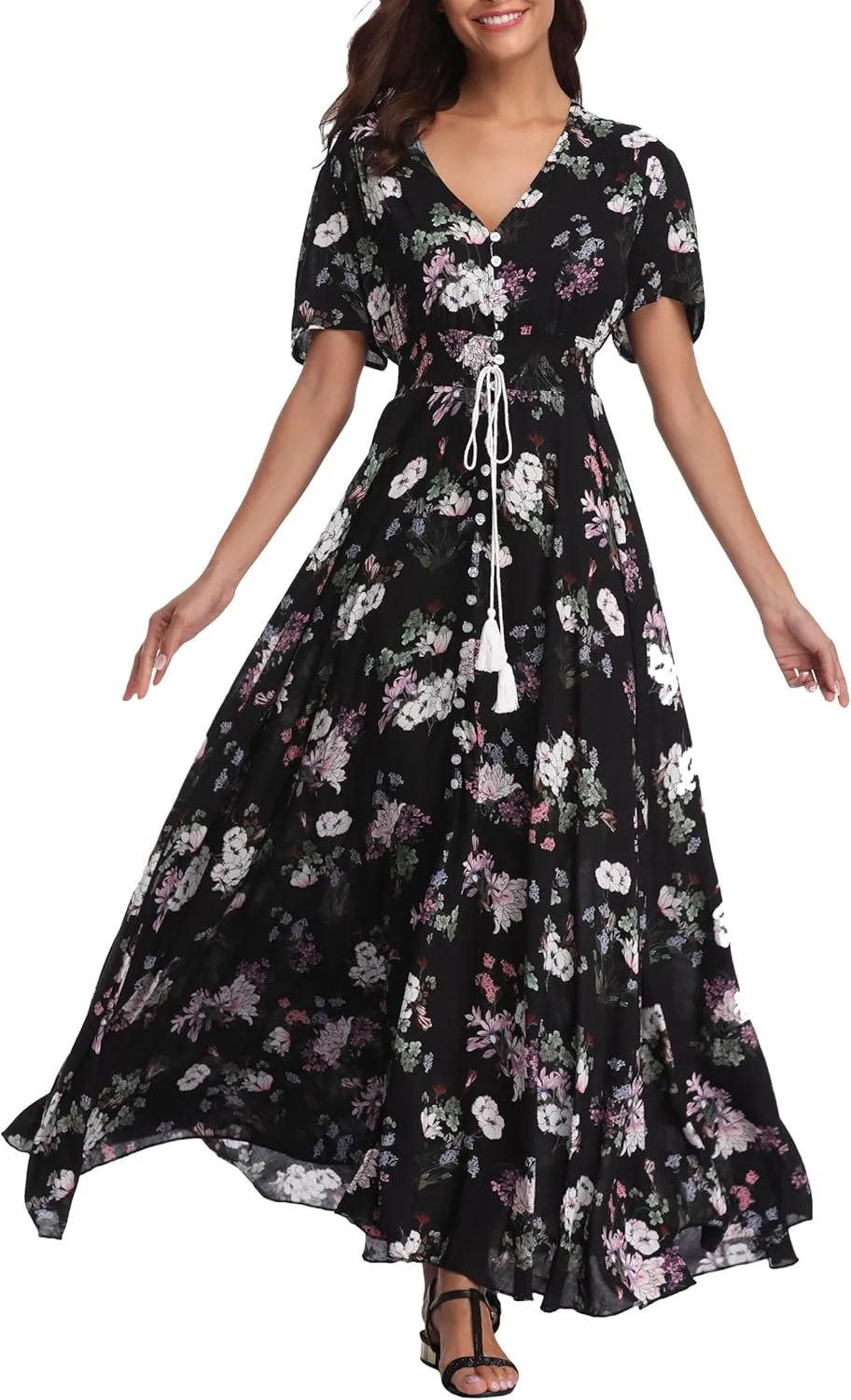 VintageClothing Women's Floral Maxi Dresses Boho Button Up Split Summer Casual Long Dress Beach Party Dress