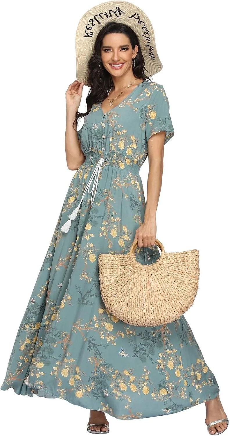 VintageClothing Women's Floral Maxi Dresses Boho Button Up Split Summer Casual Long Dress Beach Party Dress
