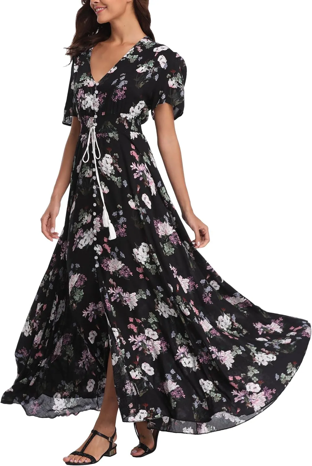 VintageClothing Women's Floral Maxi Dresses Boho Button Up Split Summer Casual Long Dress Beach Party Dress