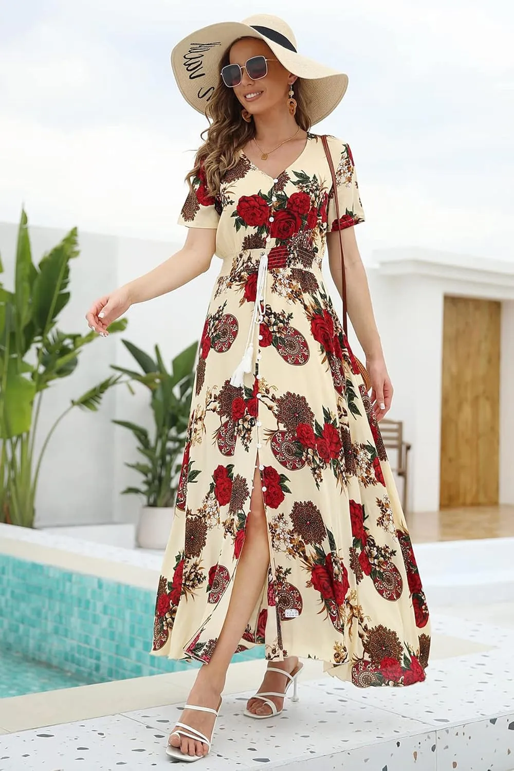 VintageClothing Women's Floral Maxi Dresses Boho Button Up Split Summer Casual Long Dress Beach Party Dress