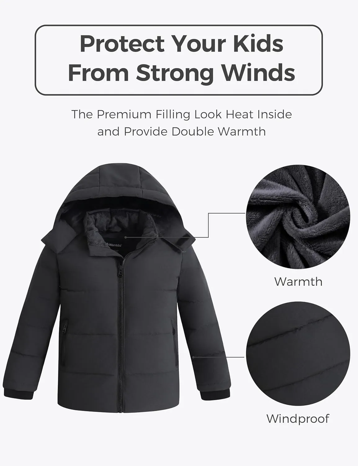 wantdo Boys' Winter Coat Puffer Jacket Waterproof Coat Hooded Zip Up