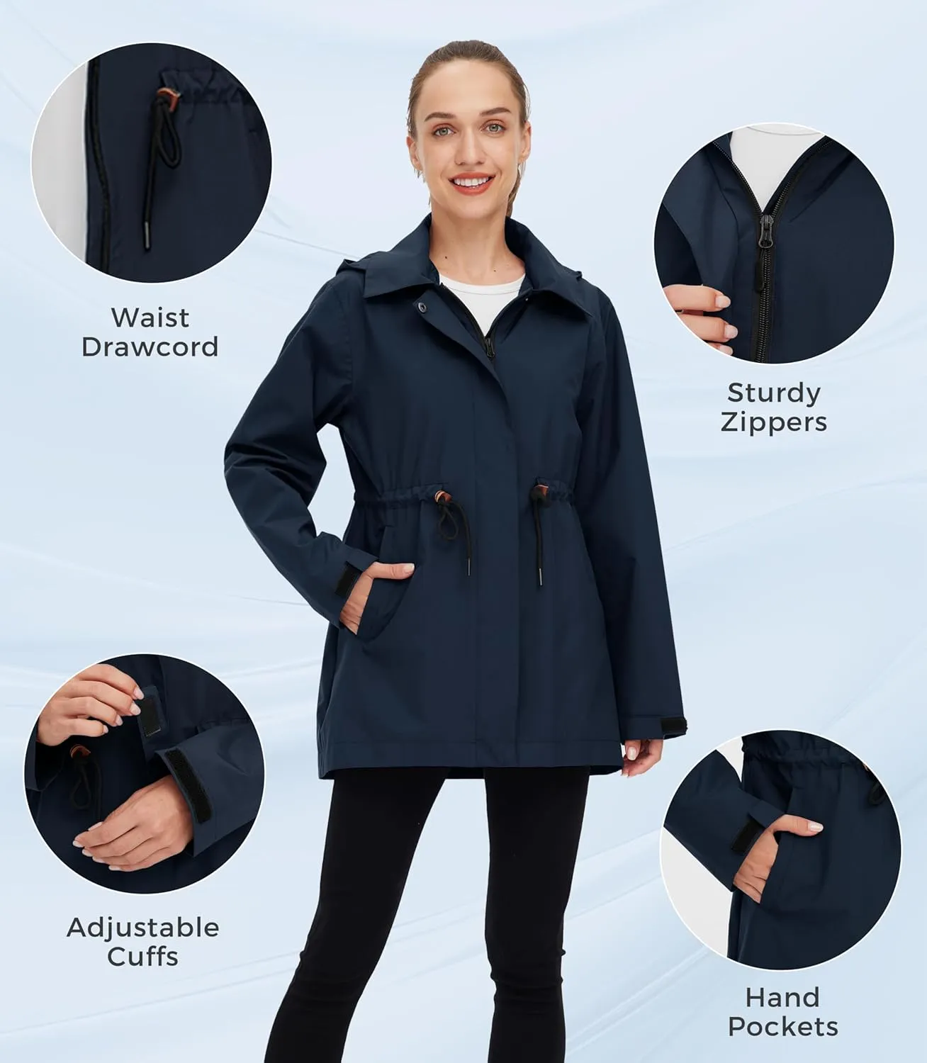 wantdo Women's Waterproof Long Raincoats Lightweight Rain Jacket Hooded Trench Coats Windbproof Jacket